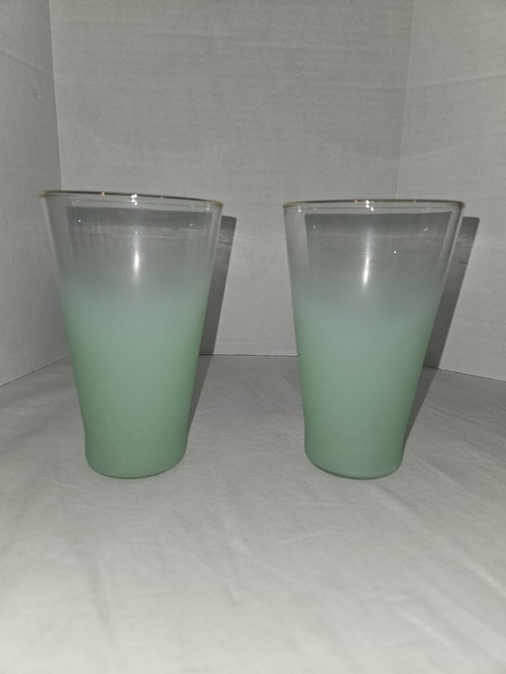 Vintage Blendo Frosted Mint Green Tumblers Gold Rim Glass Set of 2